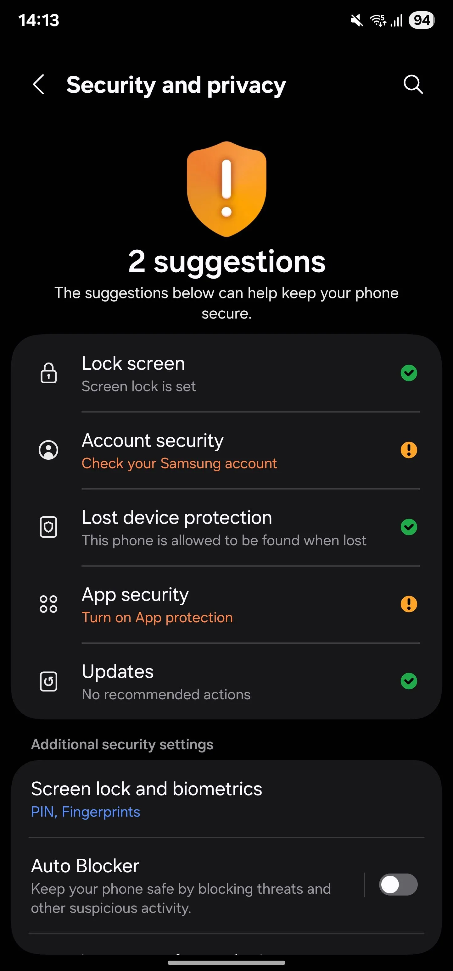 Màn hình cài đặt Bảo mật và quyền riêng tư trên điện thoại Samsung Galaxy.