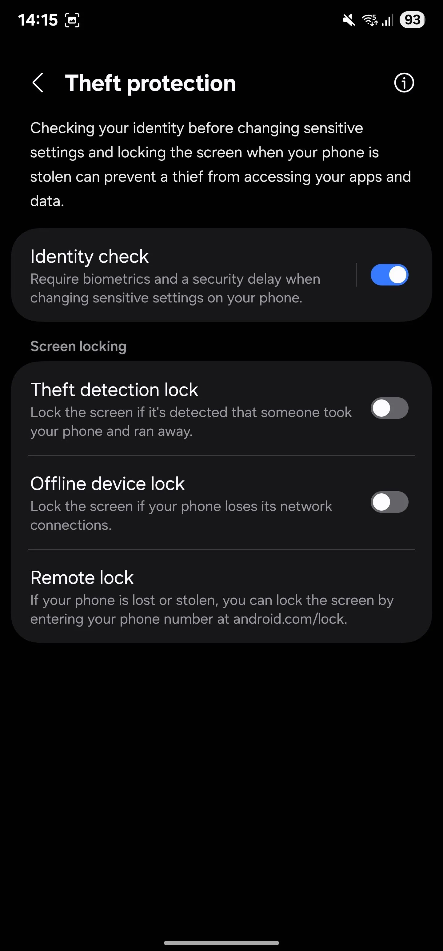 Màn hình cài đặt Bảo vệ chống trộm trên Samsung Galaxy đã kích hoạt Identity Check, sẵn sàng cho Theft Detection Lock và Offline Device Lock.