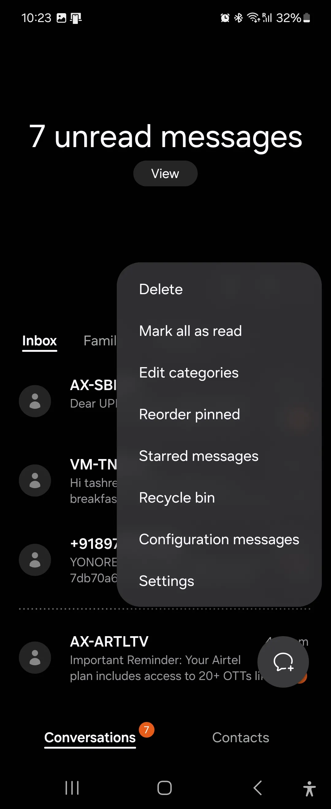 Màn hình cài đặt bổ sung của ứng dụng Samsung Messages, hiển thị các tùy chọn quản lý tin nhắn.