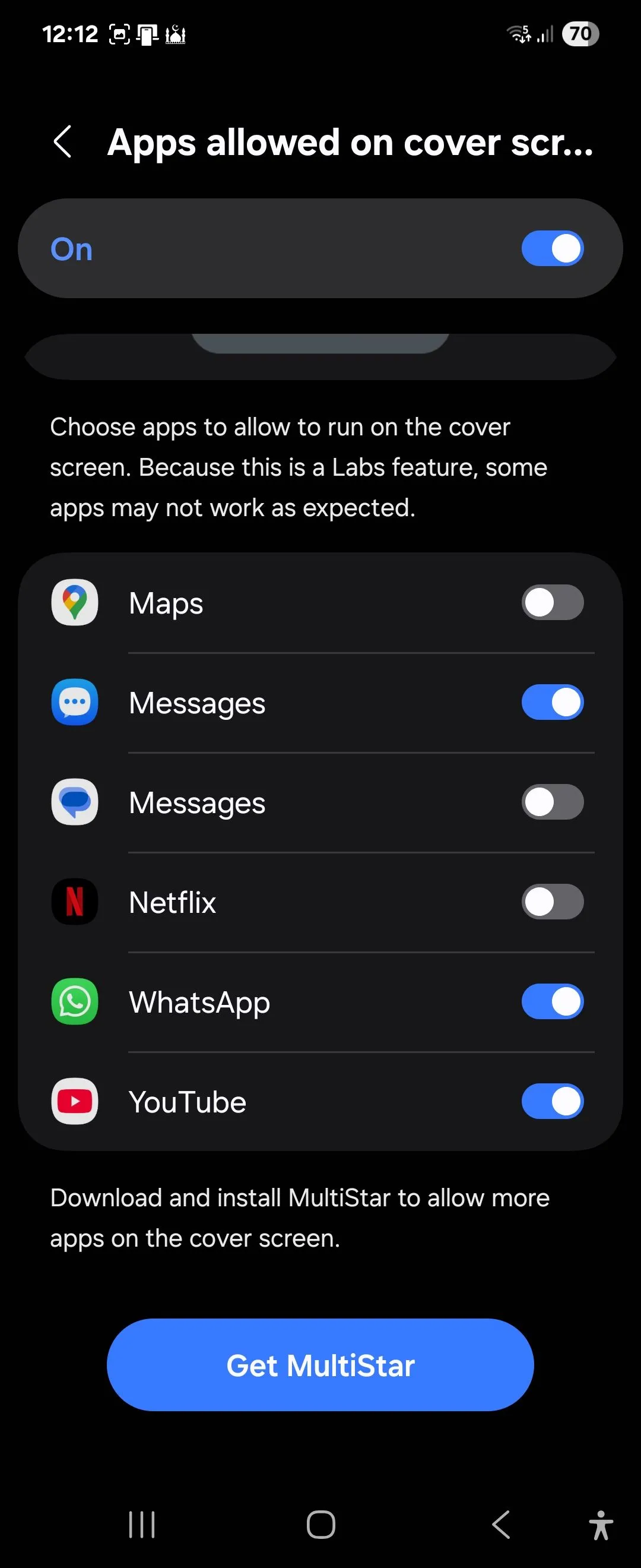 Màn hình cài đặt cho phép ứng dụng trên màn hình phụ, với tùy chọn &quot;Get MultiStar&quot; trong One UI 7 trên Galaxy Z Flip 6