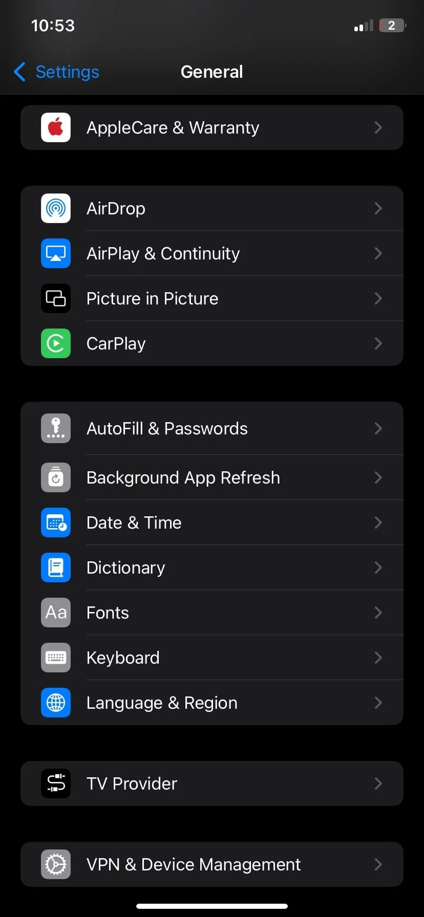 Màn hình Cài đặt chung trên iPhone, bước đầu tiên để truy cập cài đặt bàn phím và thay thế văn bản