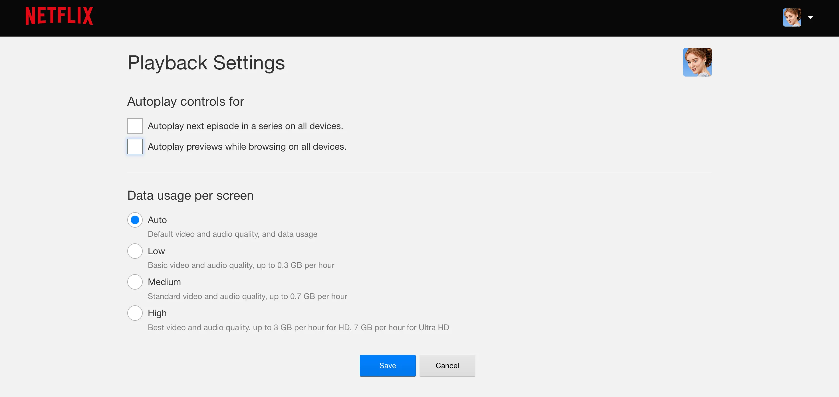 Màn hình cài đặt phát lại Netflix trên trình duyệt web, hiển thị tùy chọn tắt tự động phát tập và bản xem trước.