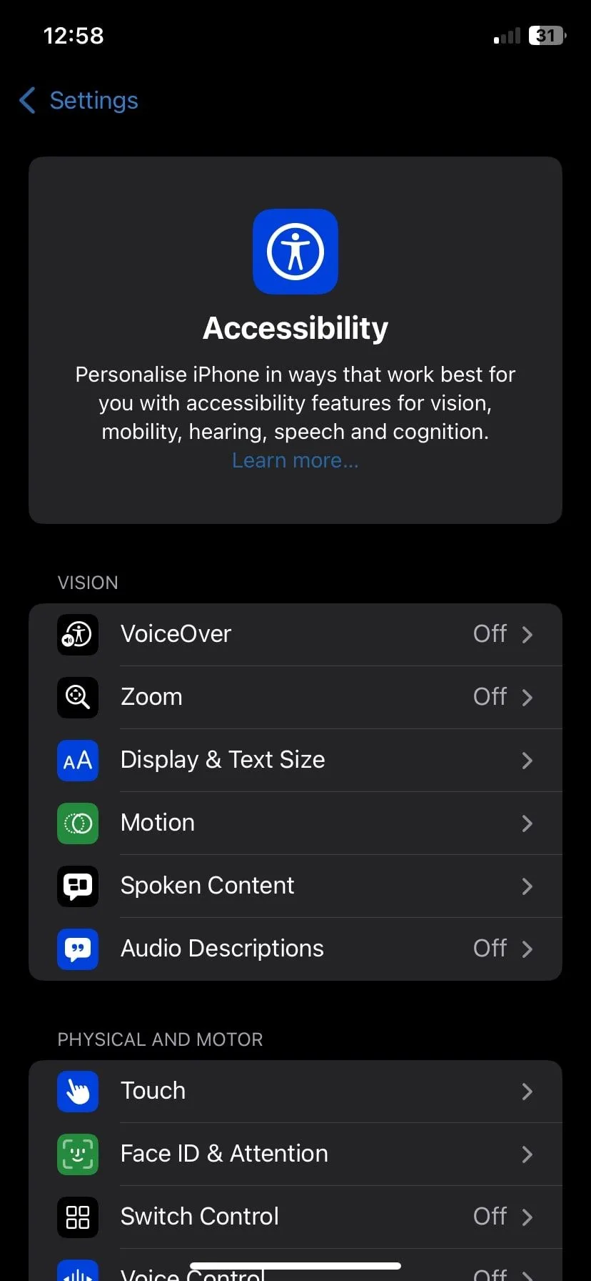 Màn hình cài đặt Trợ năng (Accessibility) trên hệ điều hành iOS, nơi người dùng có thể tìm thấy Back Tap