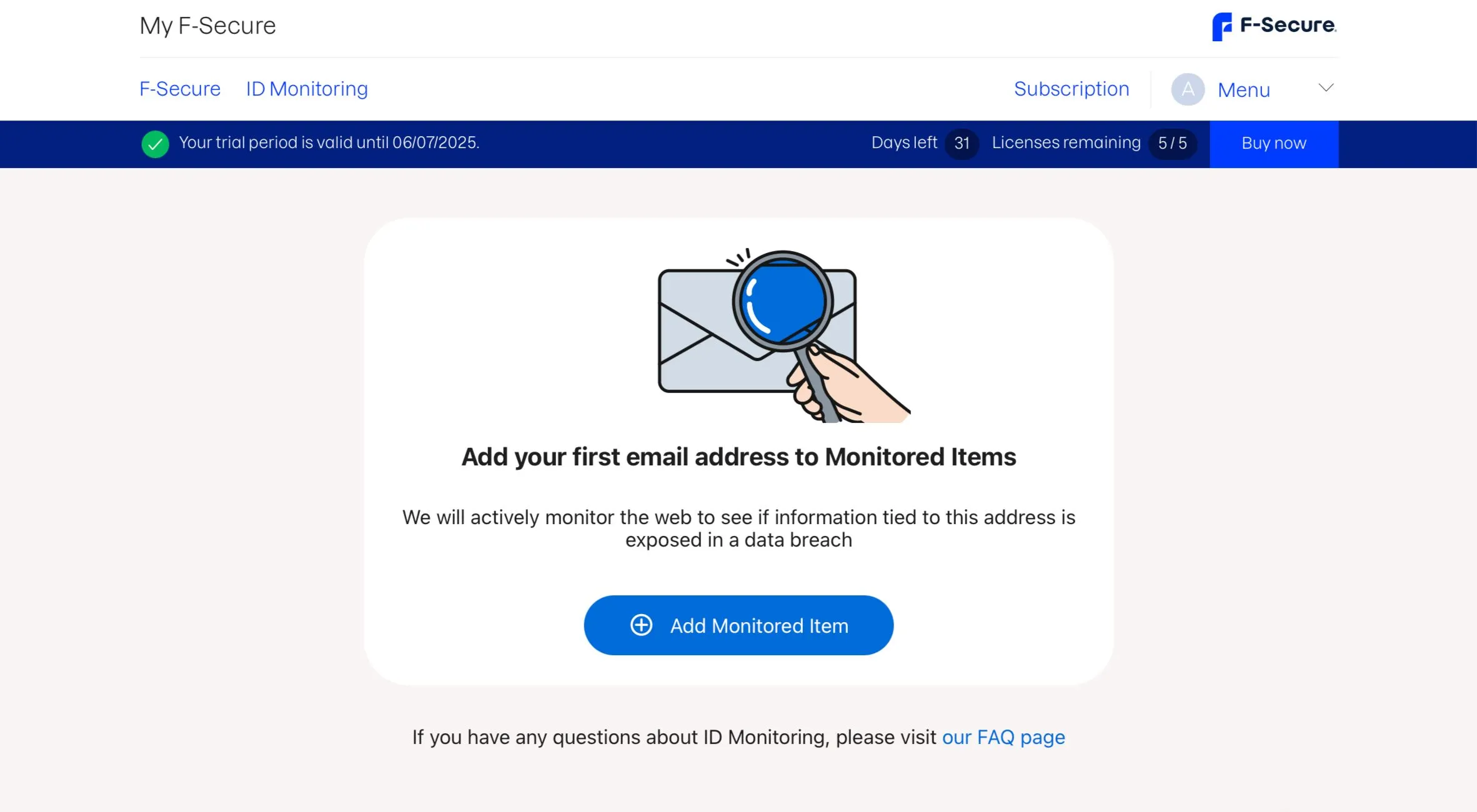 Màn hình cấu hình dịch vụ giám sát dark web F-Secure ID Monitoring