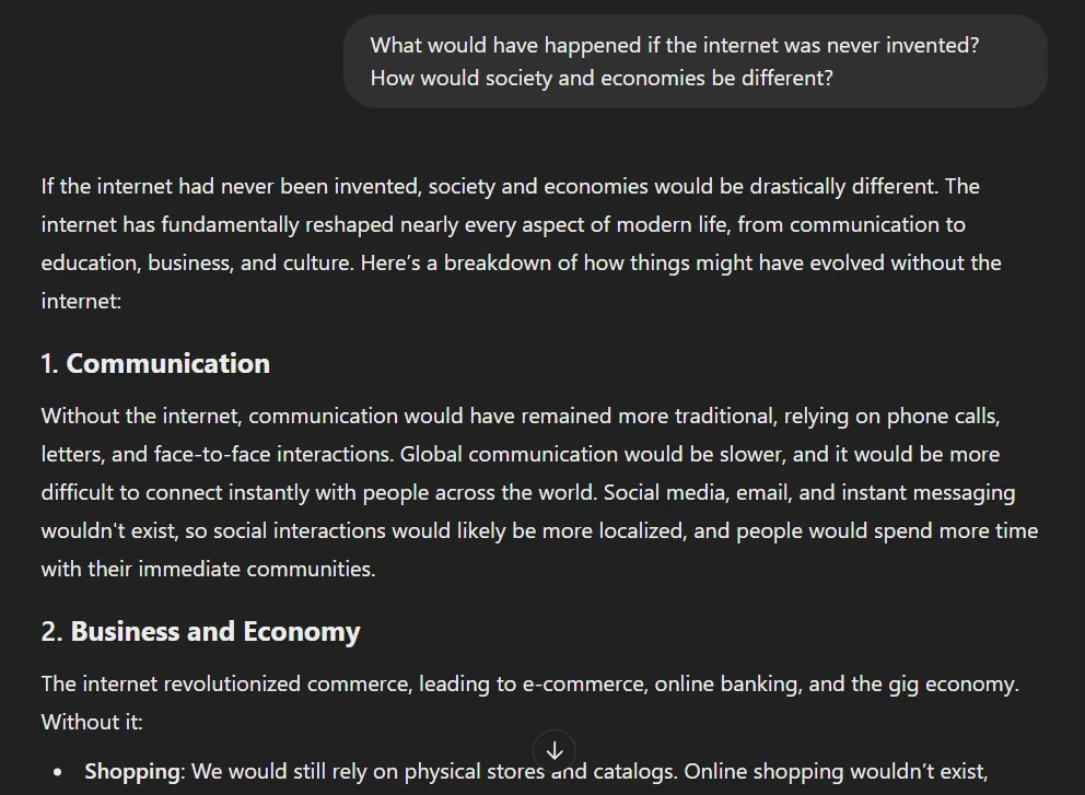 Màn hình ChatGPT minh họa câu hỏi giả định về thế giới không có Internet và phản hồi phân tích các thay đổi kinh tế, xã hội
