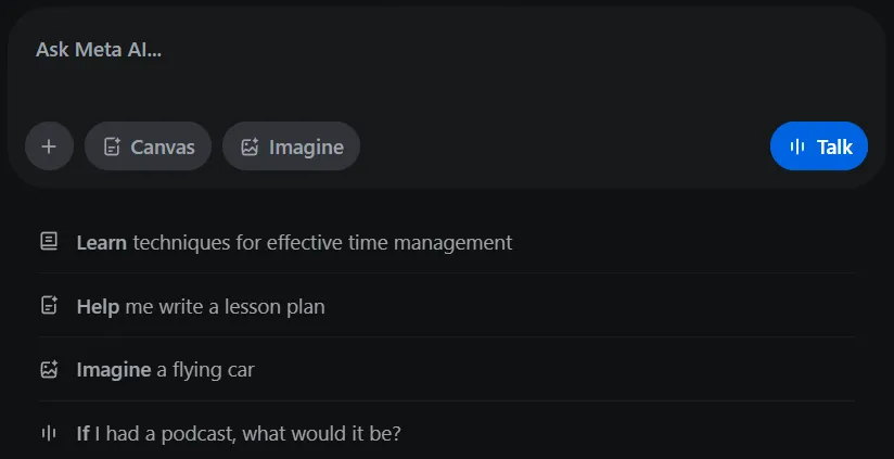 Màn hình chính của chatbot Meta AI, thiếu tùy chọn cá nhân hóa