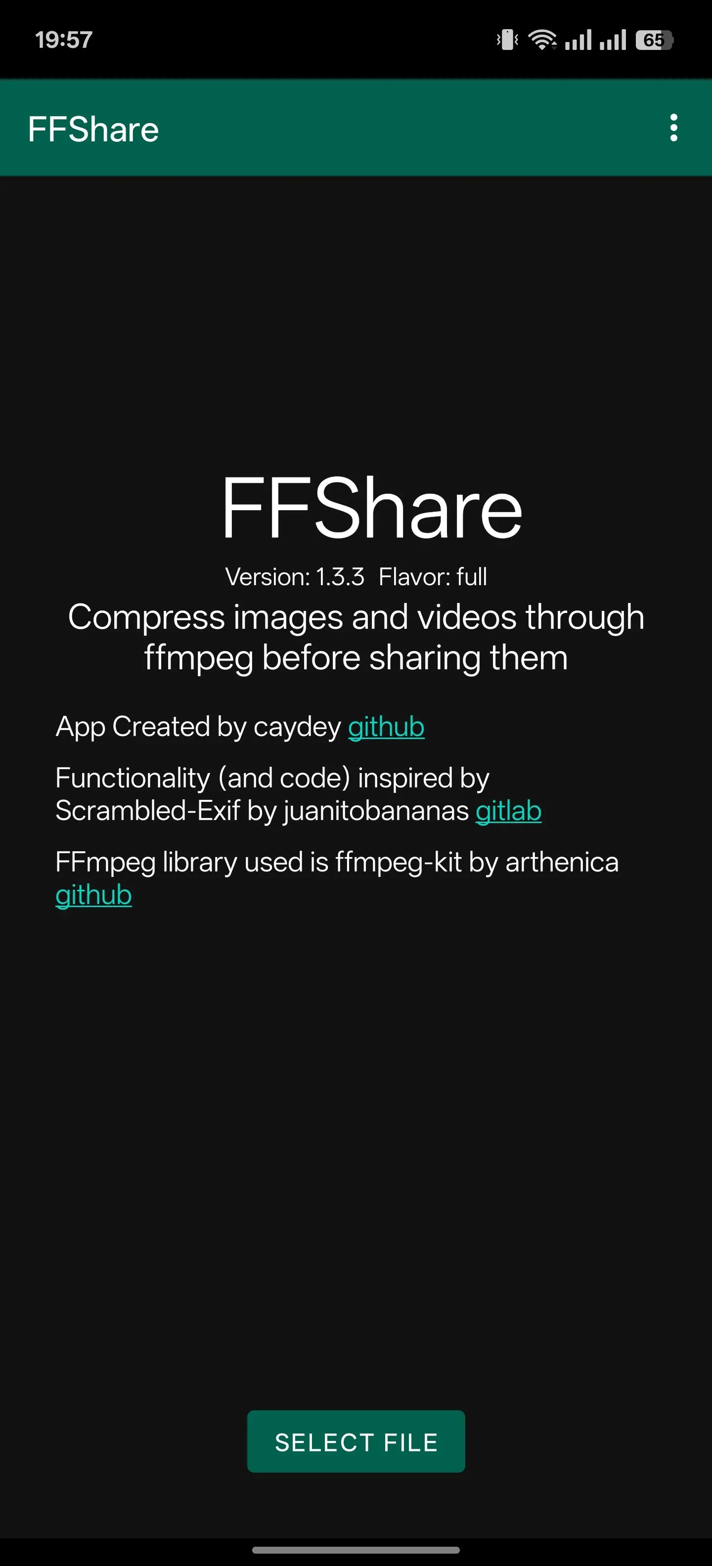 Màn hình chính của ứng dụng FFShare trên Android, hiển thị các tùy chọn nén và chia sẻ tệp media.
