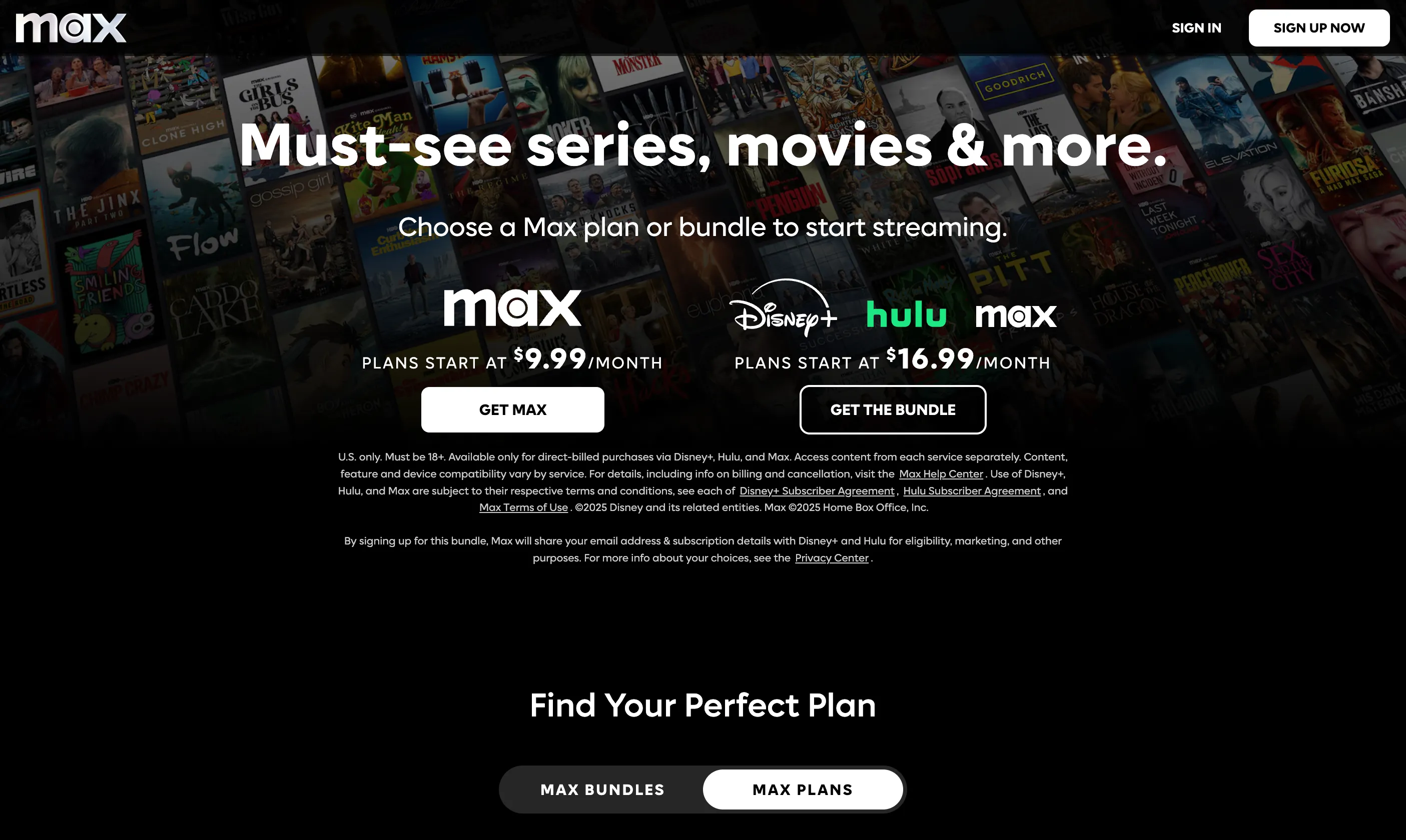 Màn hình chính HBO Max hiển thị các gói đăng ký và nội dung phim truyền hình chất lượng cao