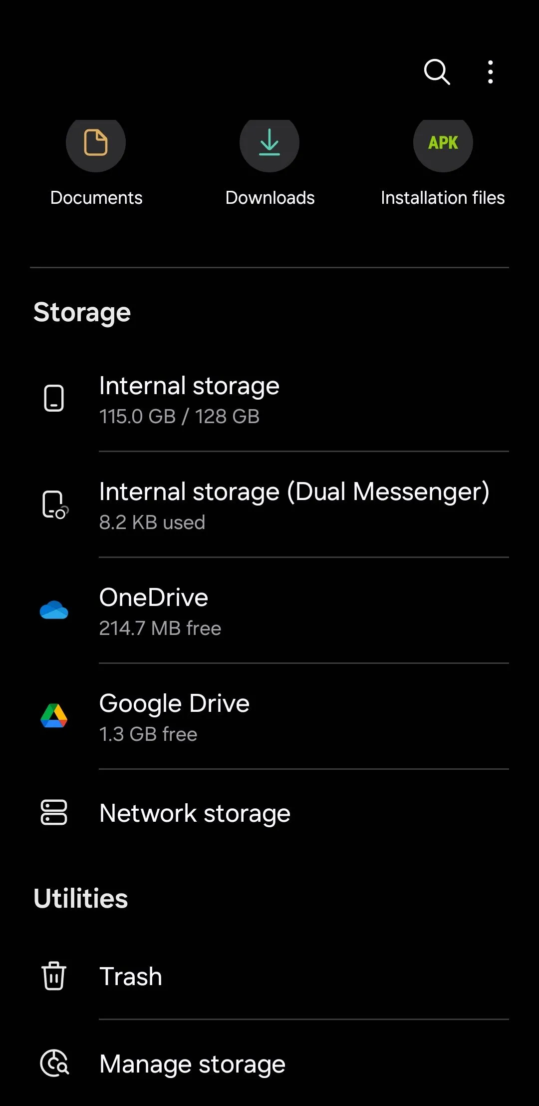 Màn hình chính ứng dụng Samsung Files