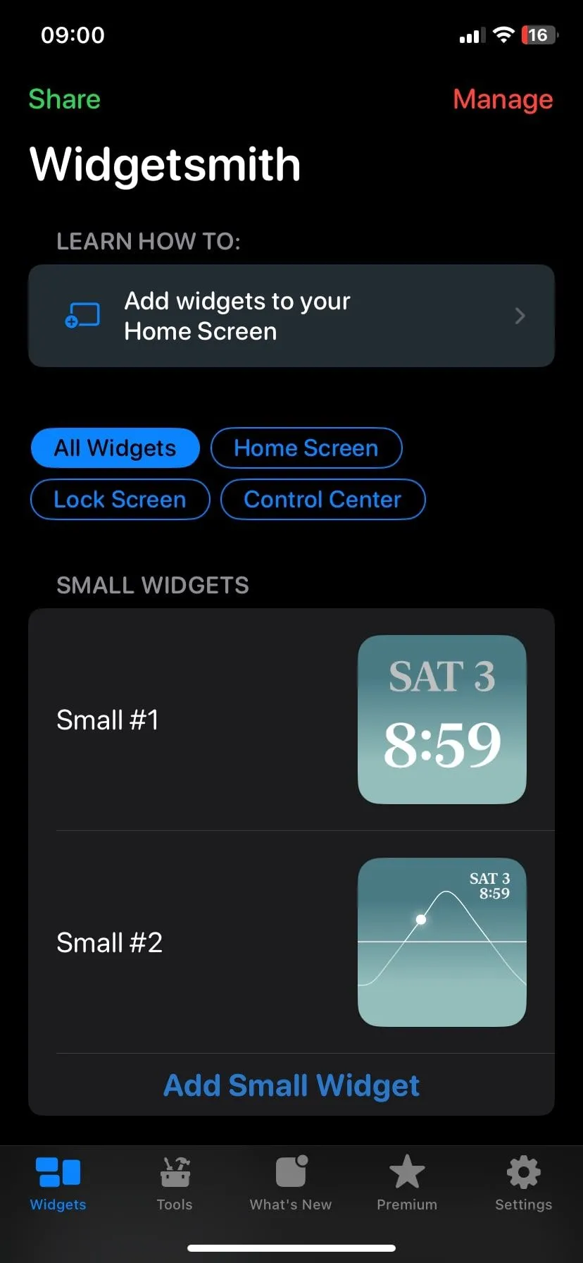 Màn hình chính ứng dụng Widgetsmith với các tùy chọn tạo và quản lý widget