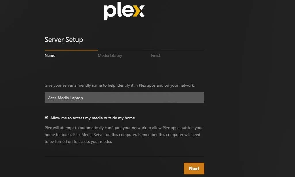 Màn hình đặt tên máy chủ Plex trong quá trình thiết lập ban đầu
