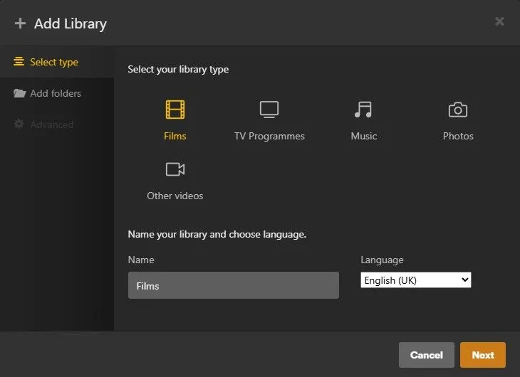 Màn hình đặt tên thư viện khi tạo thư viện media mới trên Plex