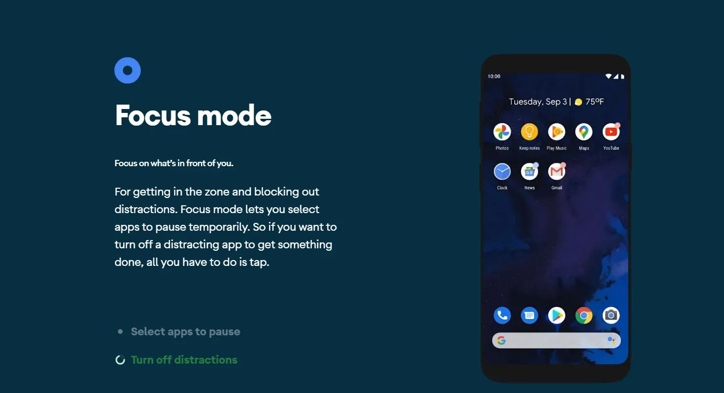 Màn hình điện thoại Android với cài đặt Chế độ Tập trung (Focus Mode) giúp người dùng giảm thiểu phân tâm kỹ thuật số khi làm việc