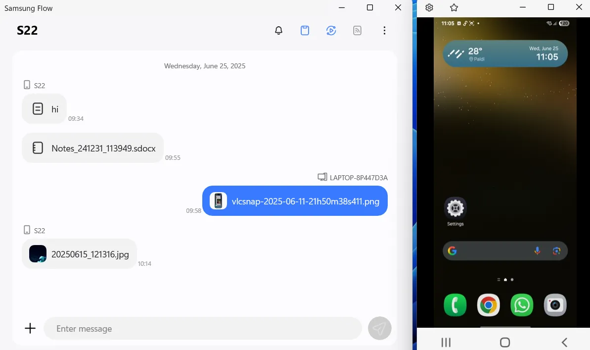 Màn hình điện thoại Galaxy được phản chiếu lên PC thông qua tính năng Smart View của Samsung Flow