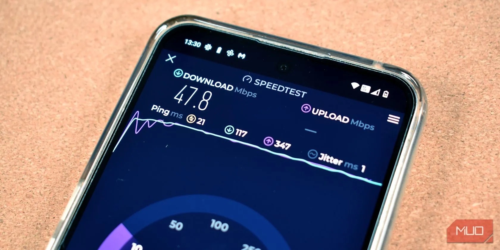 Màn hình điện thoại hiển thị ứng dụng Speedtest Ookla để kiểm tra tốc độ mạng di động.