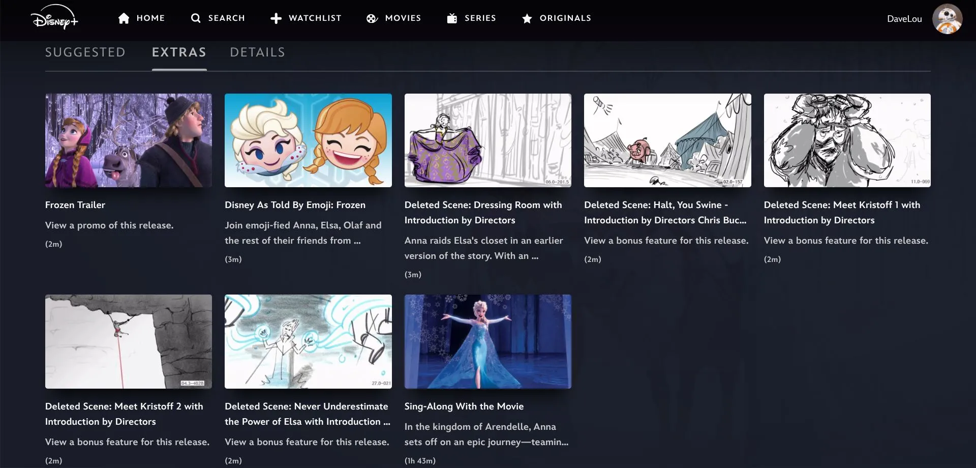 Màn hình Disney+ hiển thị phần Extras cho phim Frozen, bao gồm các phiên bản đặc biệt và tính năng bổ sung