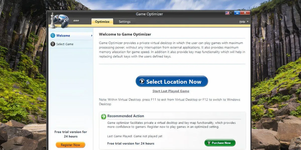 Màn hình Game Optimizer của phần mềm Advanced System Optimizer trên Windows 11, cho phép tạo môi trường ảo để tối ưu hóa trò chơi.