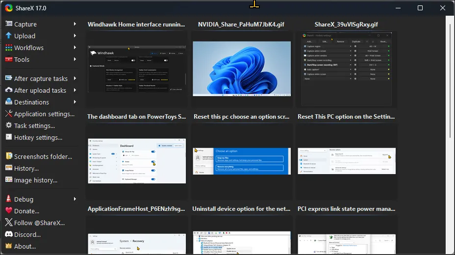 Màn hình giao diện người dùng của ứng dụng ShareX trên Windows 11