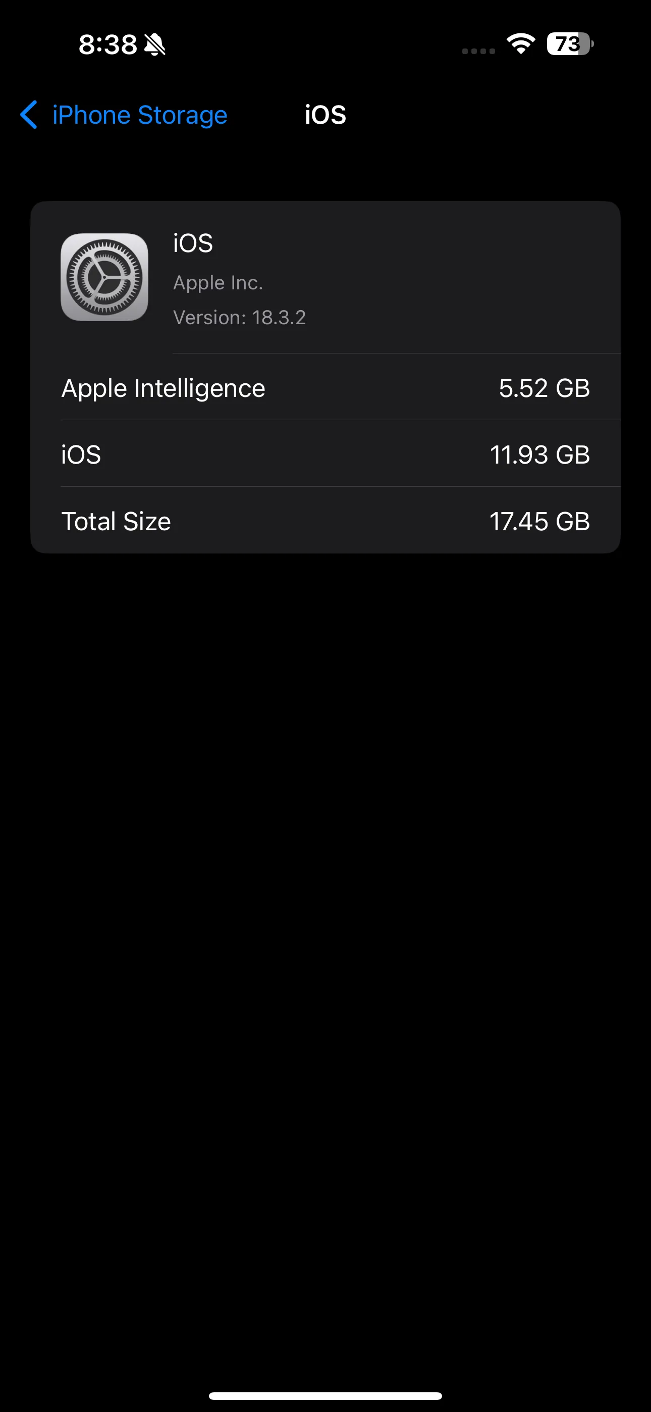 Màn hình hiển thị chi tiết dung lượng iOS và Apple Intelligence chiếm dụng trên iPhone