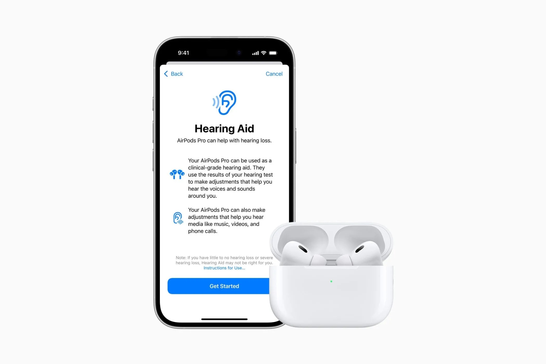 Màn hình iPhone hiển thị tính năng hỗ trợ thính giác của AirPods Pro 2, minh họa khả năng điều chỉnh âm thanh thông minh.