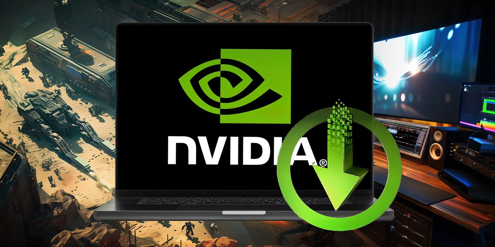 Màn hình laptop hiển thị logo NVIDIA và biểu tượng tải xuống, minh họa quá trình cập nhật driver Game Ready, mang lại sự ổn định và tối ưu trải nghiệm chơi game.