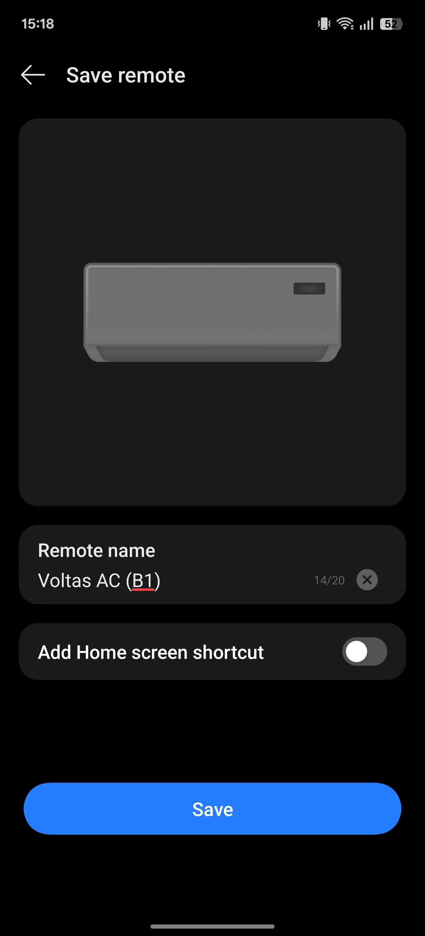 Màn hình lưu và đặt tên cho bộ điều khiển hồng ngoại mới trong ứng dụng IR Remote trên OnePlus.
