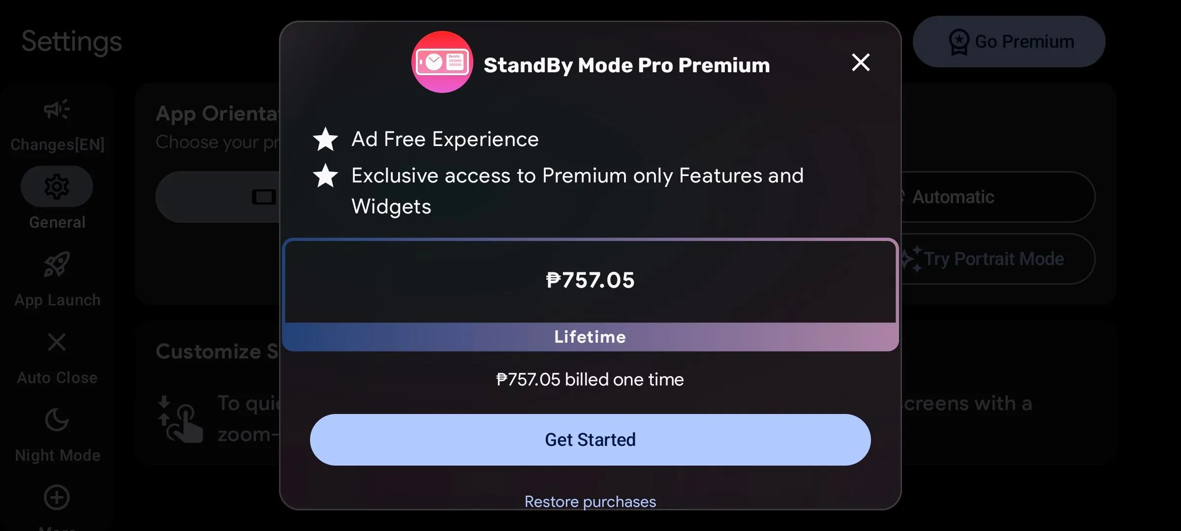 Màn hình mua gói Premium trọn đời của ứng dụng StandBy Mode Pro trên Android