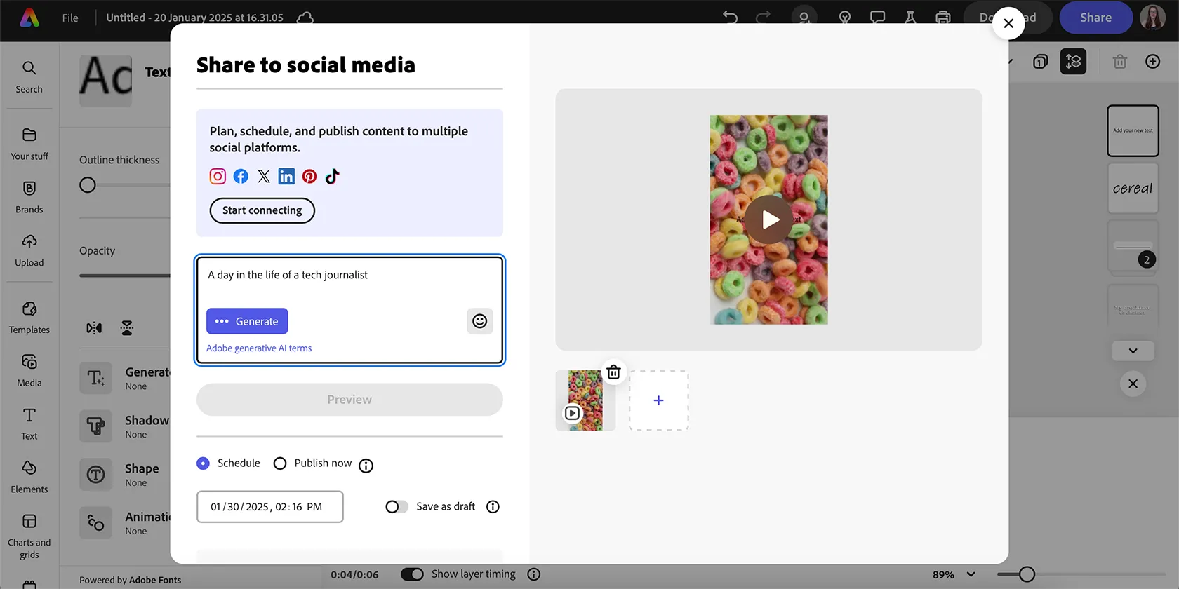 Màn hình pop-up tùy chọn chia sẻ nội dung lên mạng xã hội từ Adobe Express