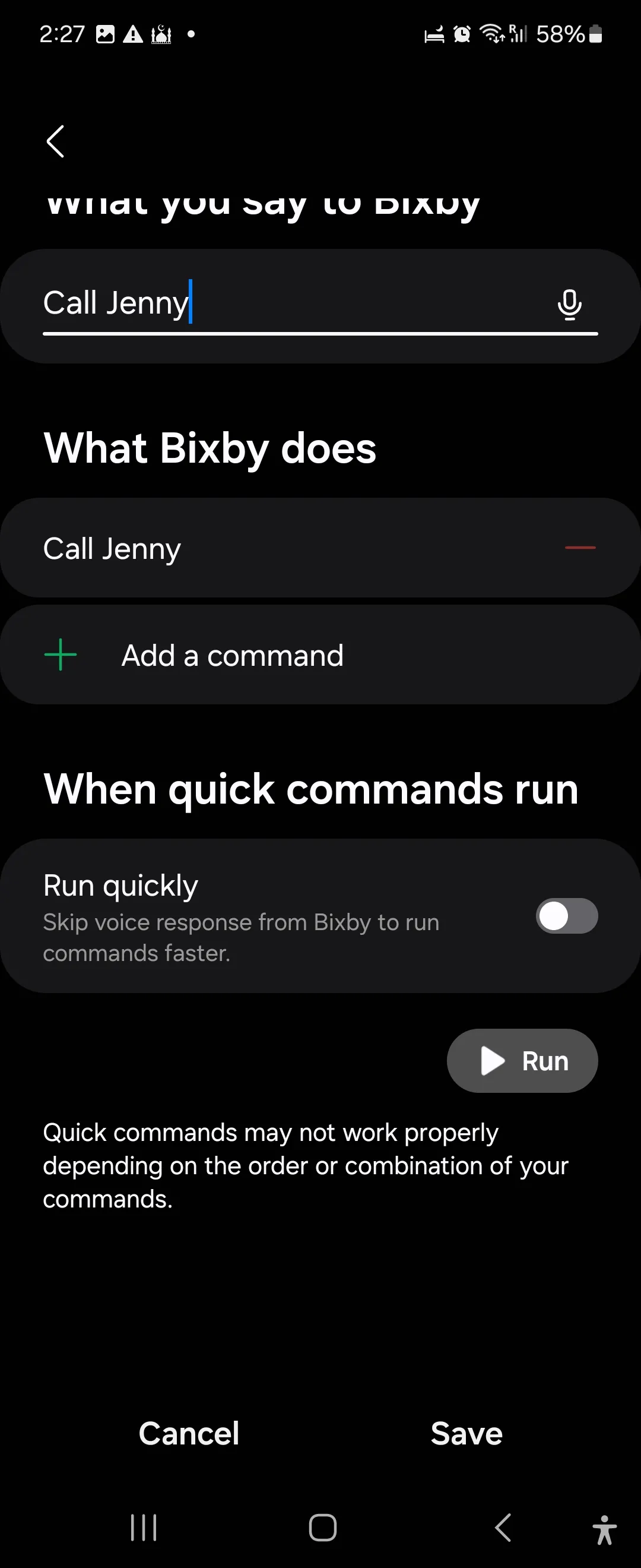 Màn hình tạo lệnh nhanh mới trong Bixby trên Galaxy Flip 6, hướng dẫn cách thiết lập lệnh thoại để tự động gọi điện hoặc nhắn tin.