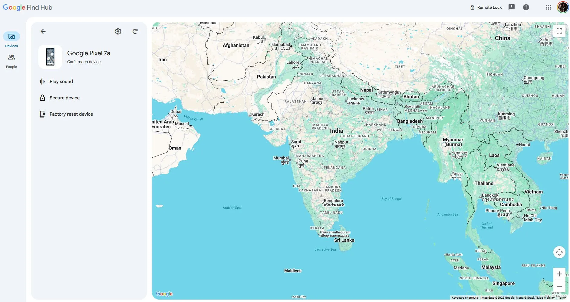Màn hình theo dõi thiết bị của Google Find My Device, minh họa cách tìm điện thoại bị mất.