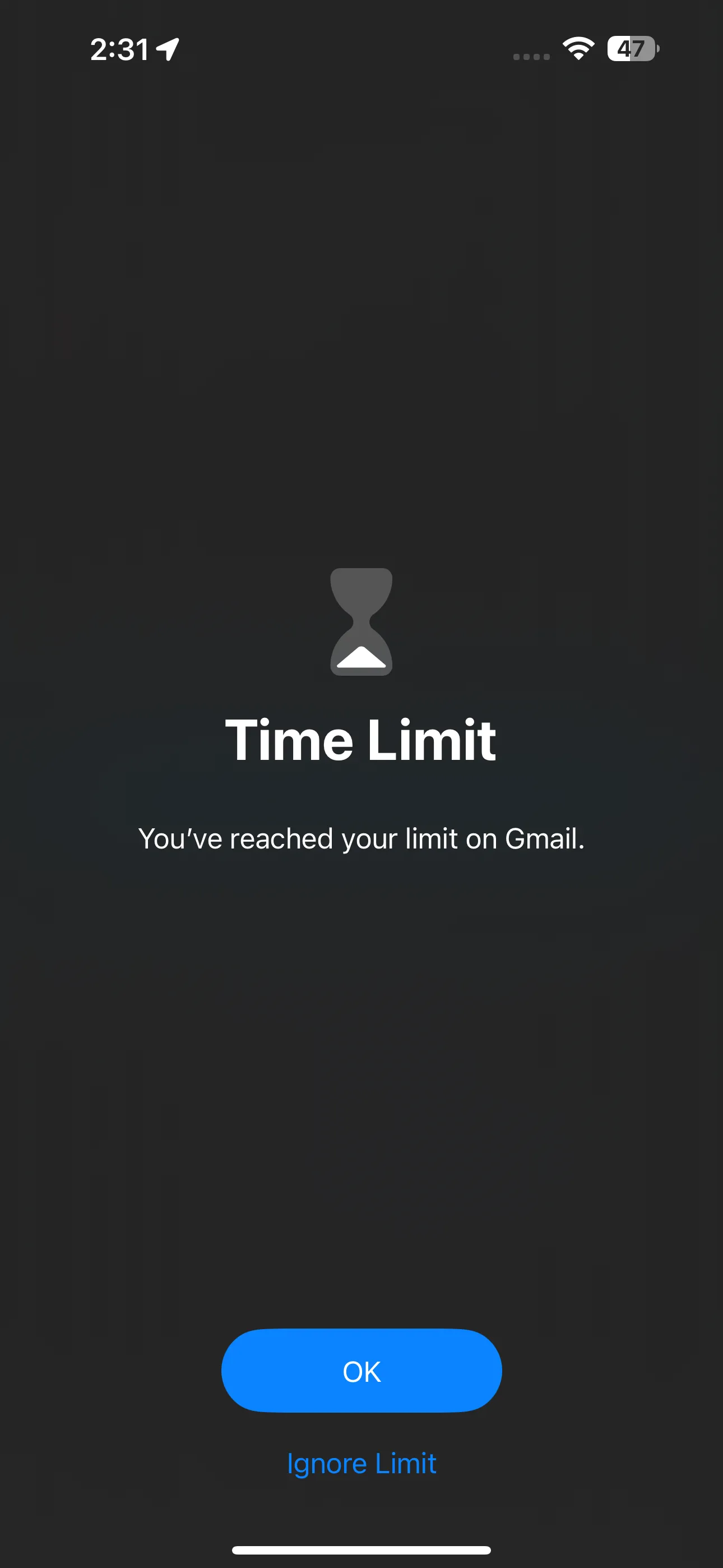 Màn hình thông báo &quot;Bạn đã đạt giới hạn&quot; khi mở ứng dụng Gmail trên iPhone trong chế độ Downtime.