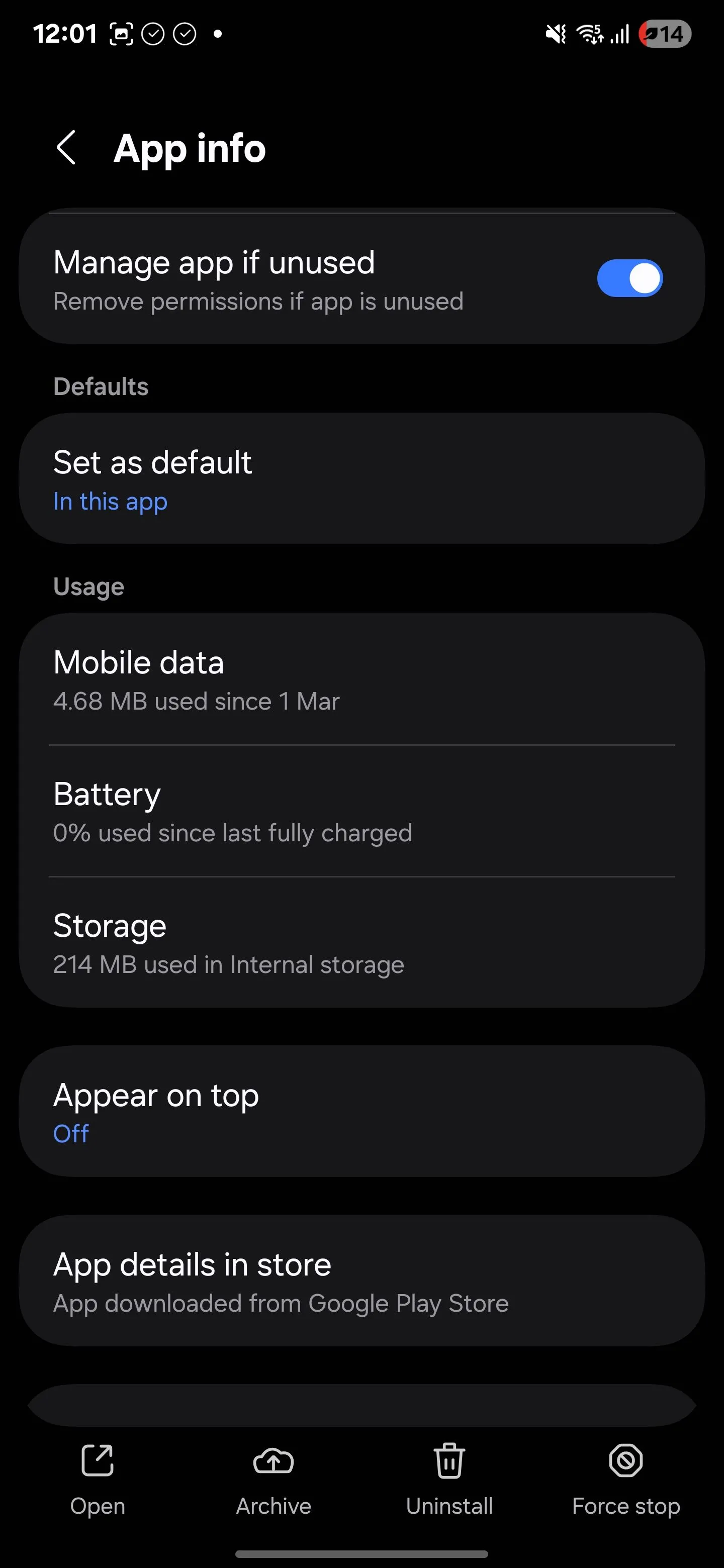 Màn hình thông tin ứng dụng trên điện thoại Samsung, hiển thị các tùy chọn quản lý ứng dụng, bao gồm cài đặt pin để hạn chế hoạt động nền.