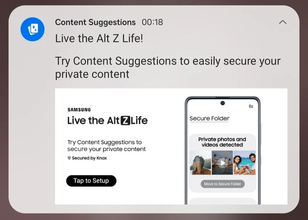 Màn hình tính năng Content Suggestions trong Thư mục bảo mật của Samsung, gợi ý nội dung riêng tư