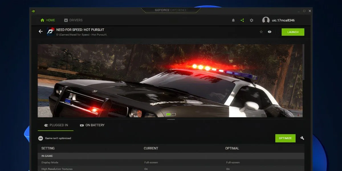 Màn hình tối ưu hóa game trong ứng dụng NVIDIA GeForce Experience trên Windows 11, hiển thị cài đặt tối ưu cho tựa game được chọn.