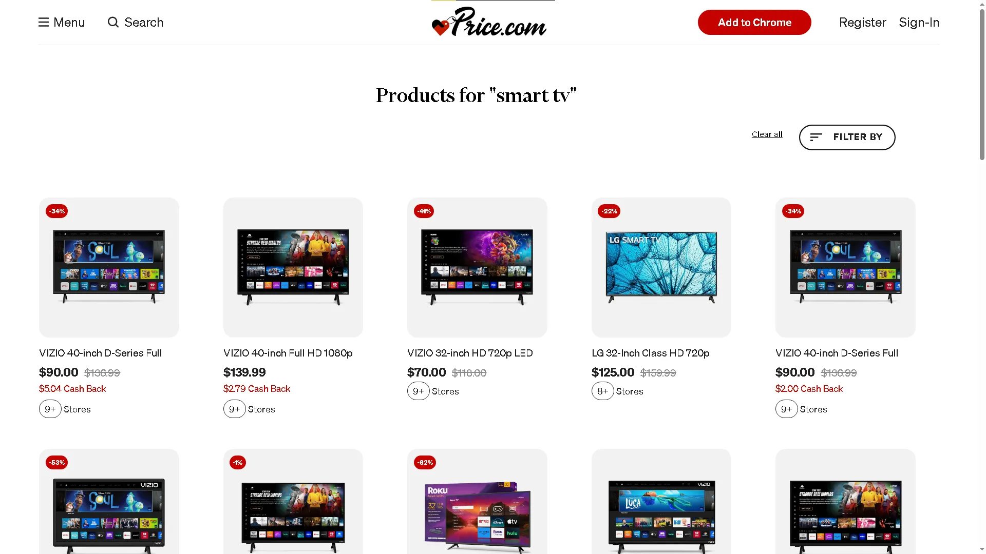 Màn hình trang web so sánh giá hiển thị kết quả tìm kiếm Smart TV