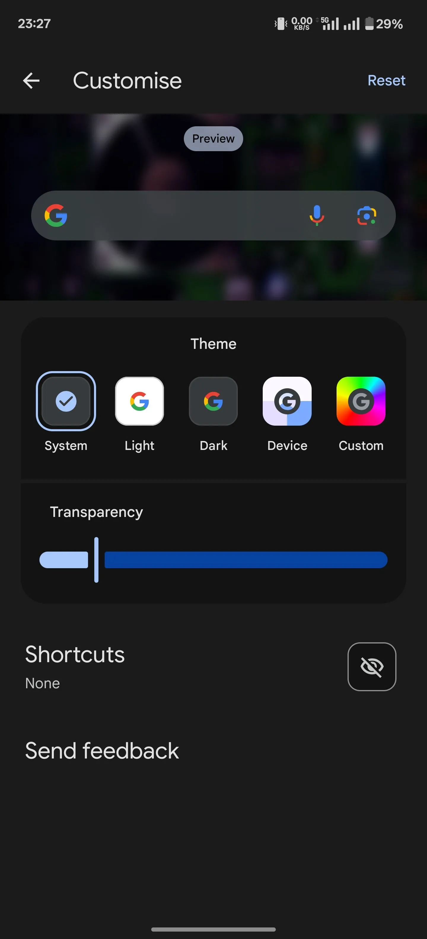 Màn hình tùy chỉnh widget Tìm kiếm Google trong ứng dụng Google, hiển thị các tùy chọn phím tắt như Dịch, Thời tiết, Thể thao.