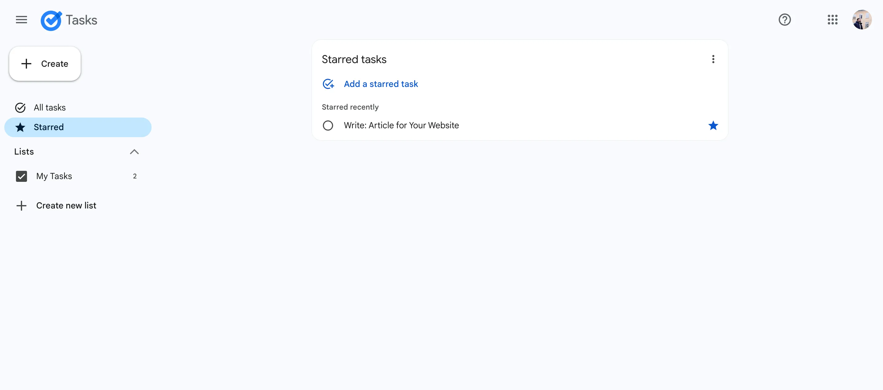 Màn hình ứng dụng Google Tasks hiển thị các nhiệm vụ được đánh dấu sao (Starred), một tính năng hữu ích thiếu vắng trong Apple Reminders.