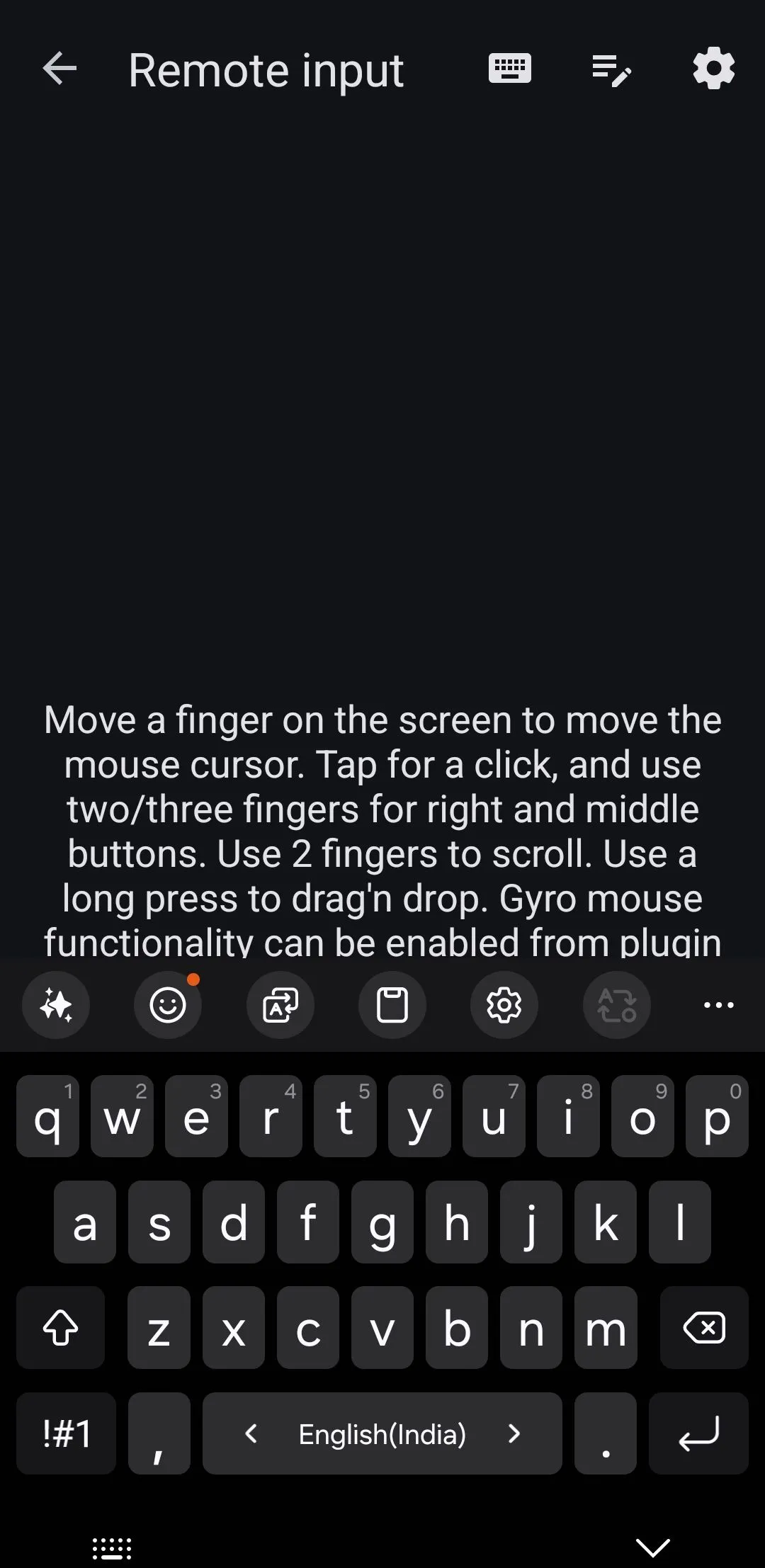 Màn hình ứng dụng KDE Connect trên Android với bàn phím ảo để nhập liệu từ xa.