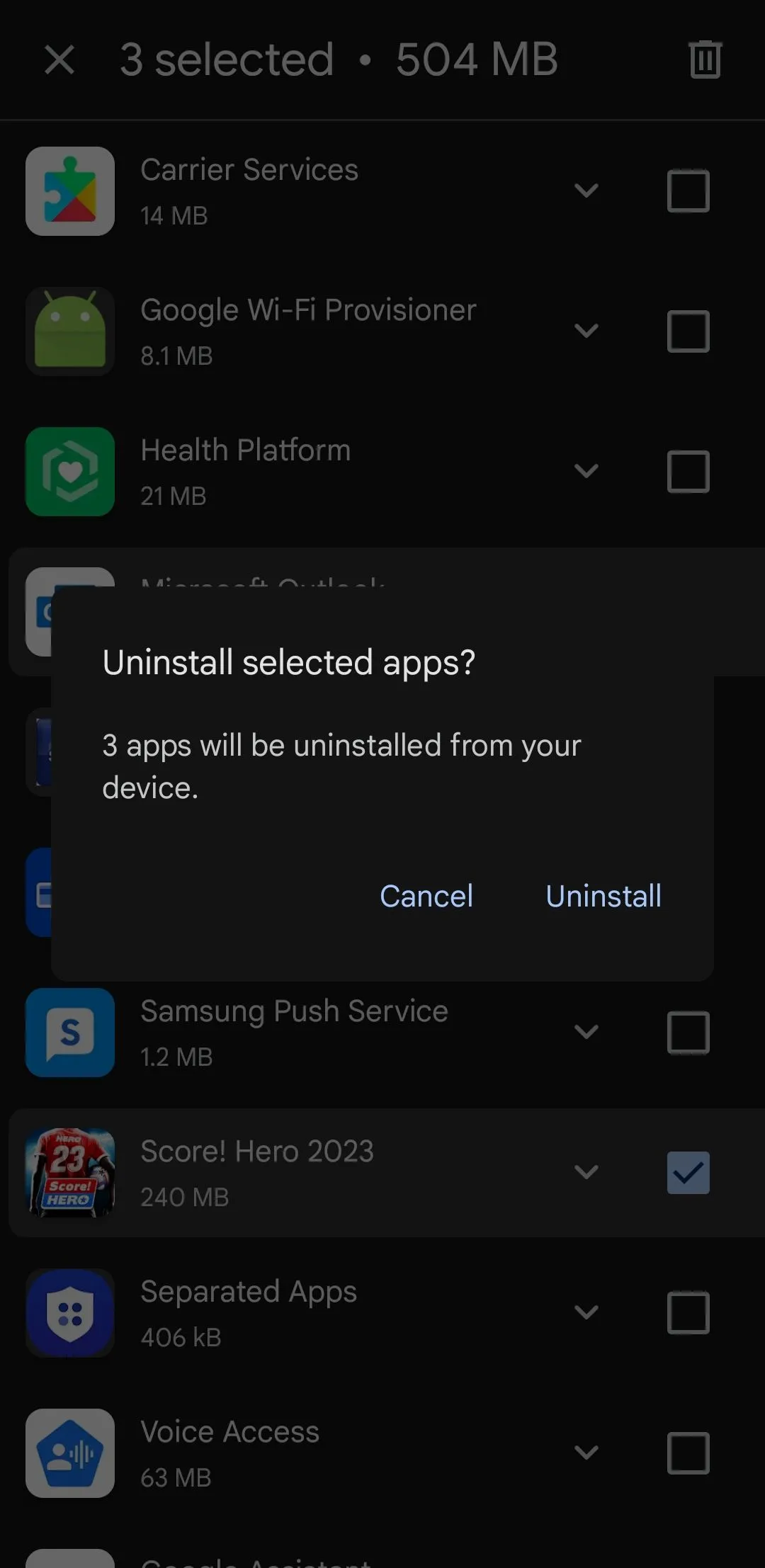 Màn hình xác nhận gỡ bỏ ứng dụng trong Play Store trên Samsung Galaxy sau khi chọn để giải phóng dung lượng