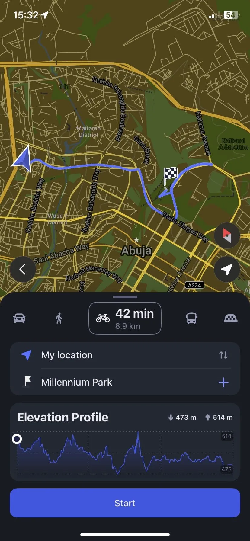 MAPS.ME hiển thị lộ trình điều hướng cho người đi xe đạp, hỗ trợ các tuyến đường riêng biệt.
