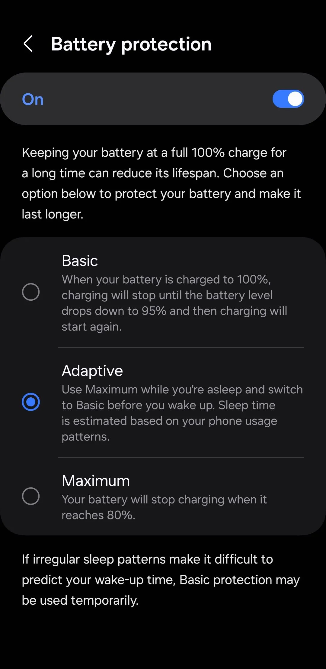 Menu cài đặt bảo vệ pin trên Android, hiển thị tùy chọn giới hạn sạc để kéo dài tuổi thọ pin