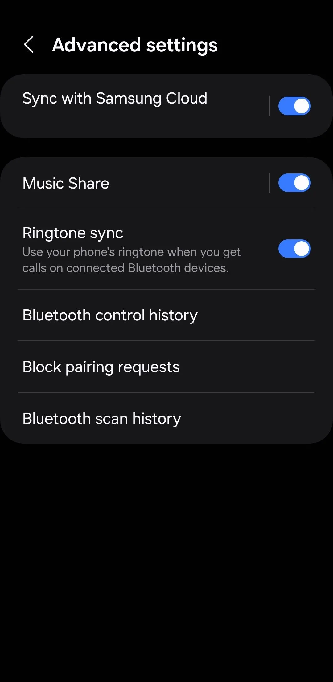 Menu cài đặt Bluetooth nâng cao trên điện thoại Samsung hiển thị tùy chọn Music Share