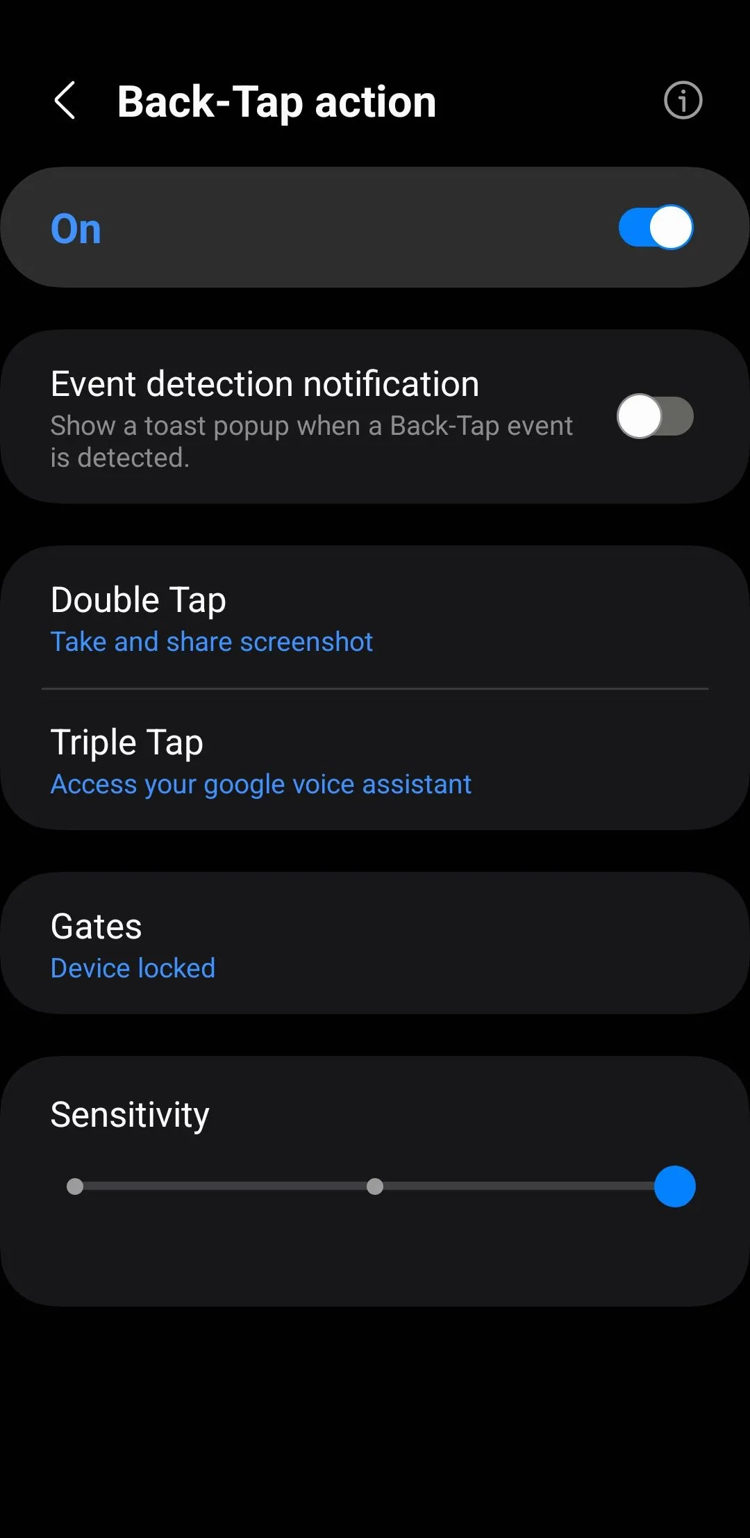 Menu cài đặt các hành động cho cử chỉ chạm lưng (Back Tap) trên điện thoại Samsung, được kích hoạt thông qua module RegiStar của Good Lock.