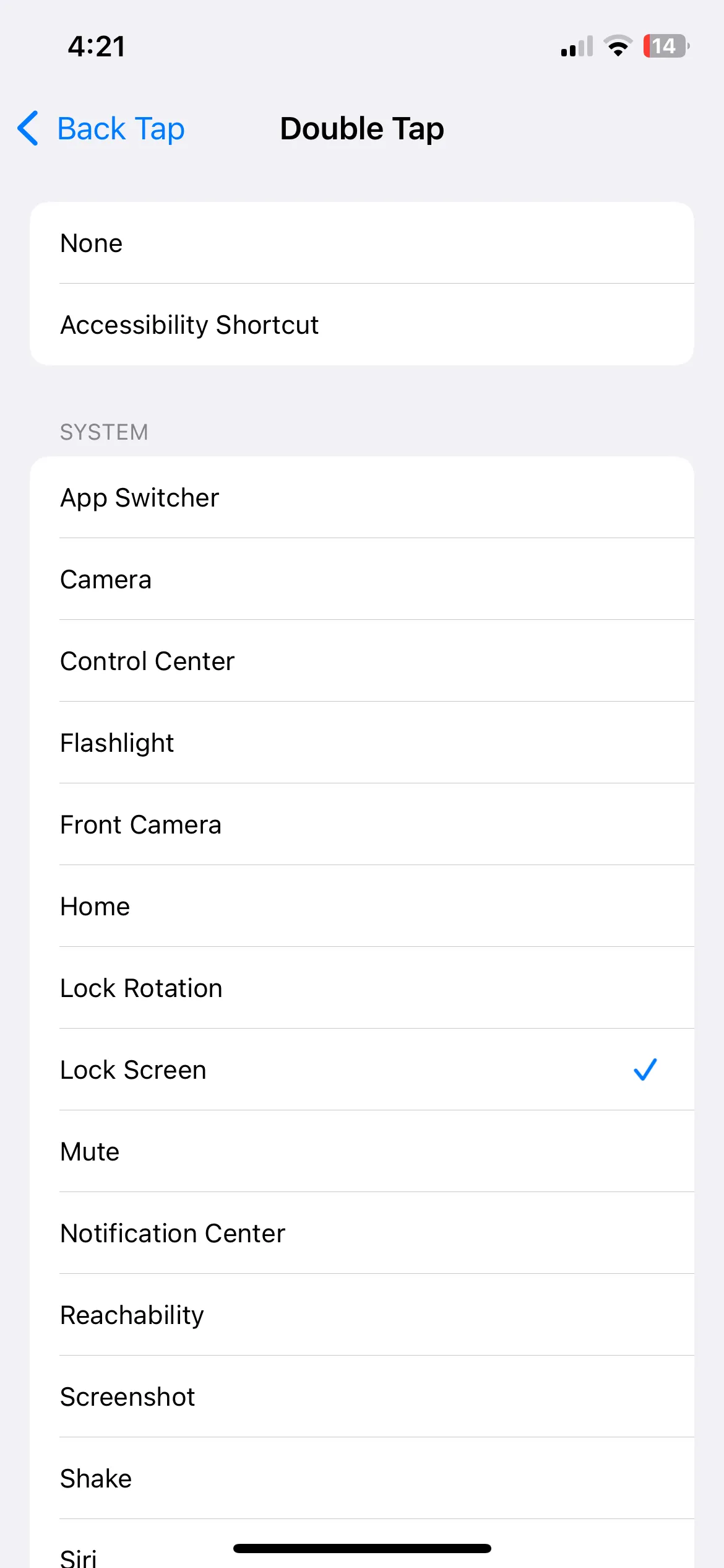 Menu cài đặt Chạm hai lần trên iPhone