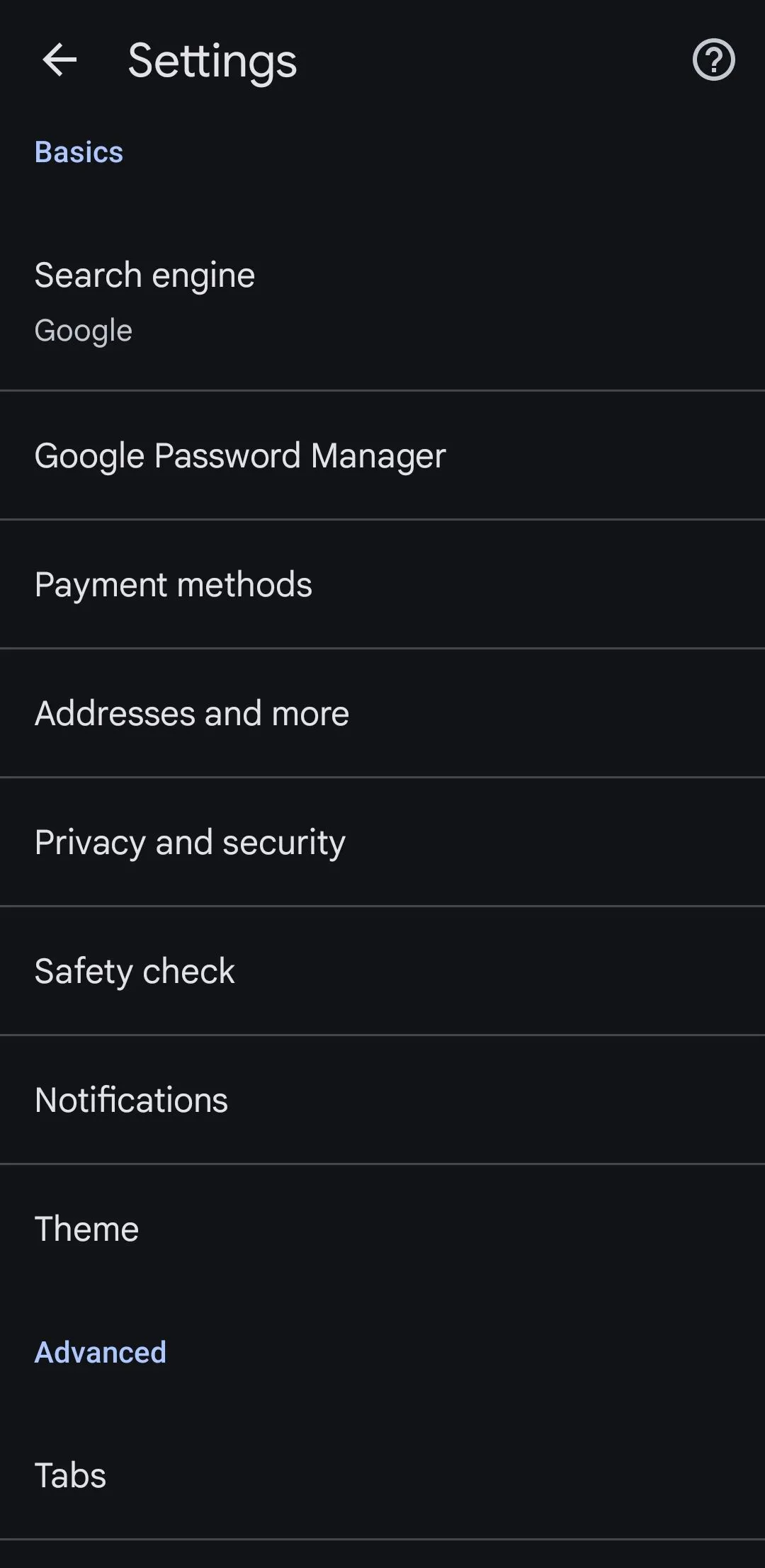 Menu Cài đặt của trình duyệt Google Chrome trên điện thoại Android, nơi quản lý đồng bộ hóa và tùy chỉnh.