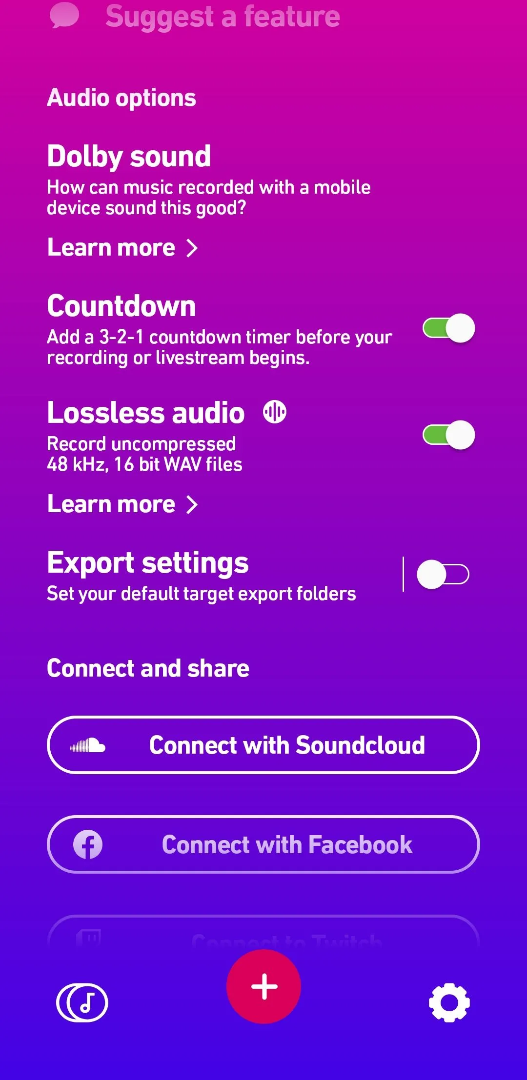 Menu cài đặt của ứng dụng Dolby On hiển thị tùy chọn đếm ngược ghi âm