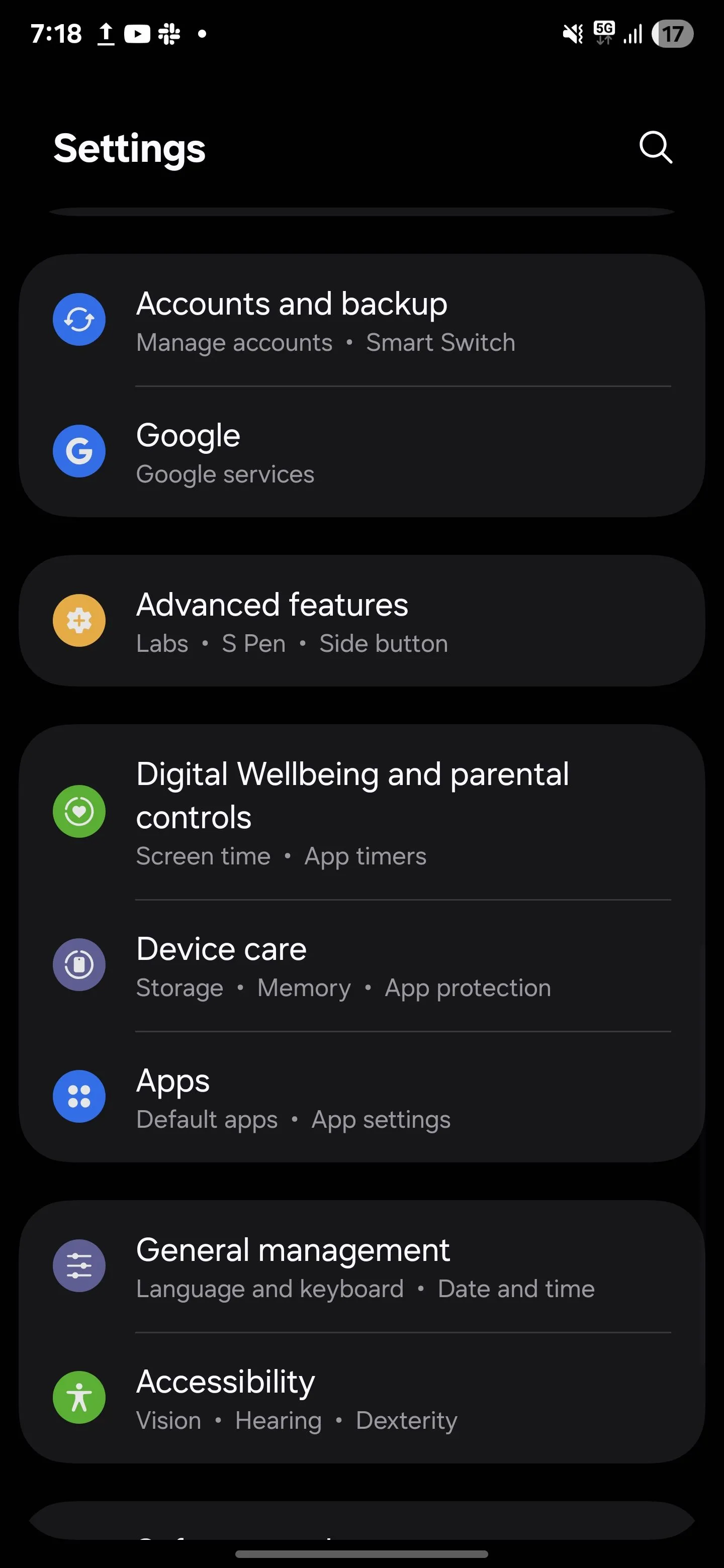 Menu cài đặt nâng cao của Samsung