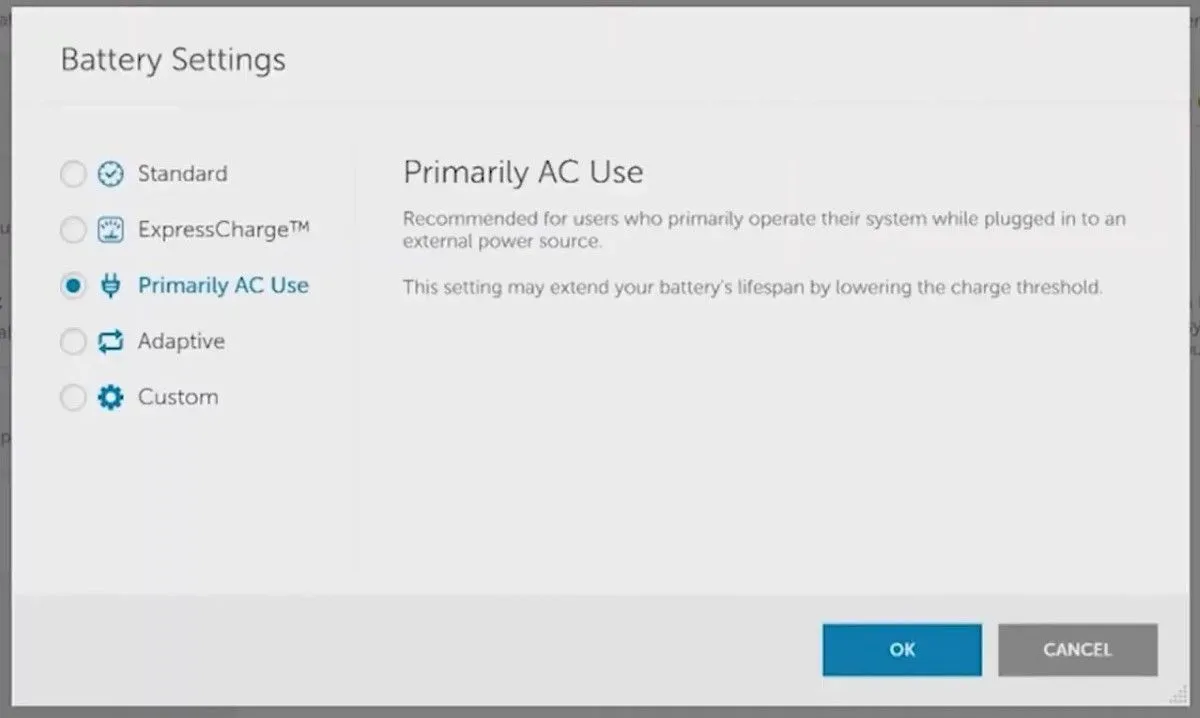 Menu cài đặt pin trong ứng dụng Dell Power Manager của Dell.