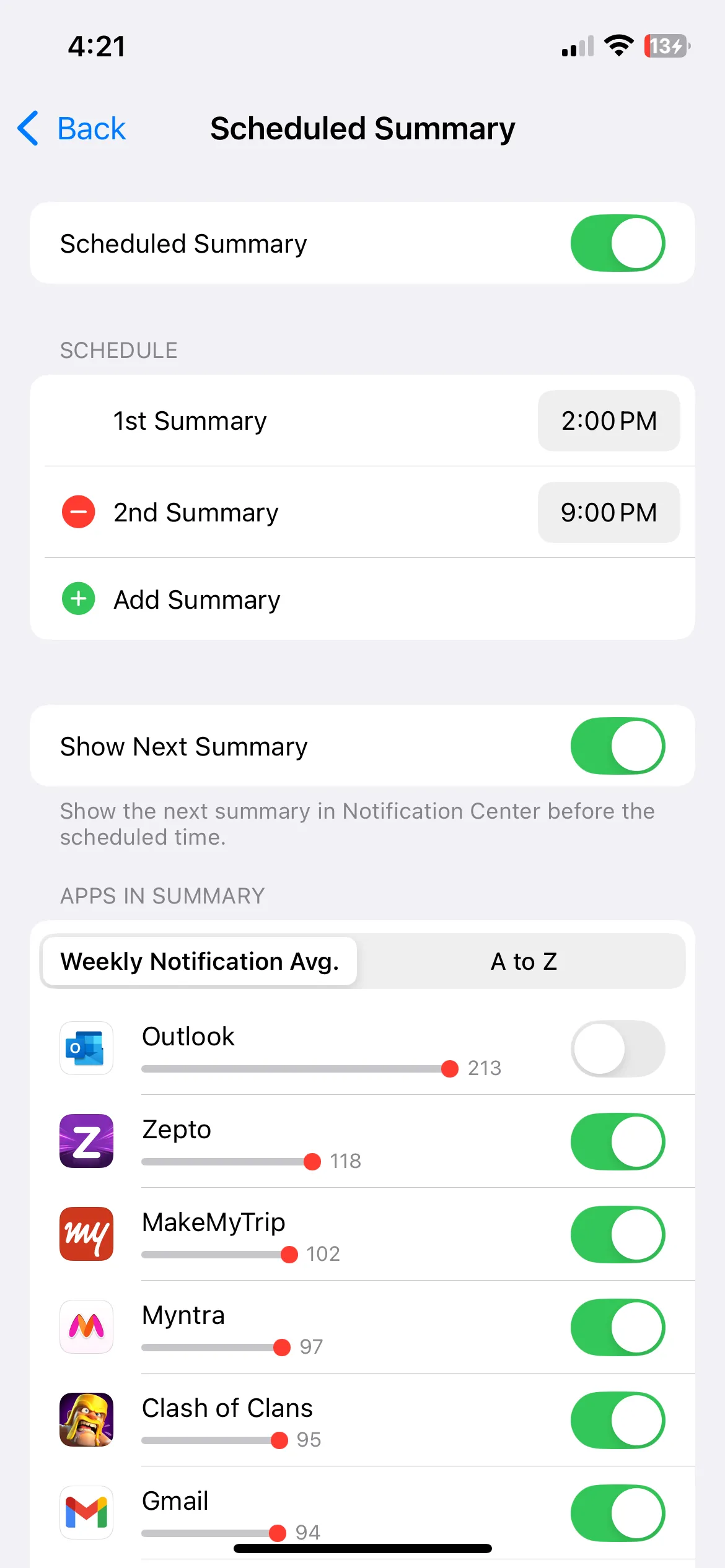 Menu cài đặt Tóm tắt thông báo trên iPhone
