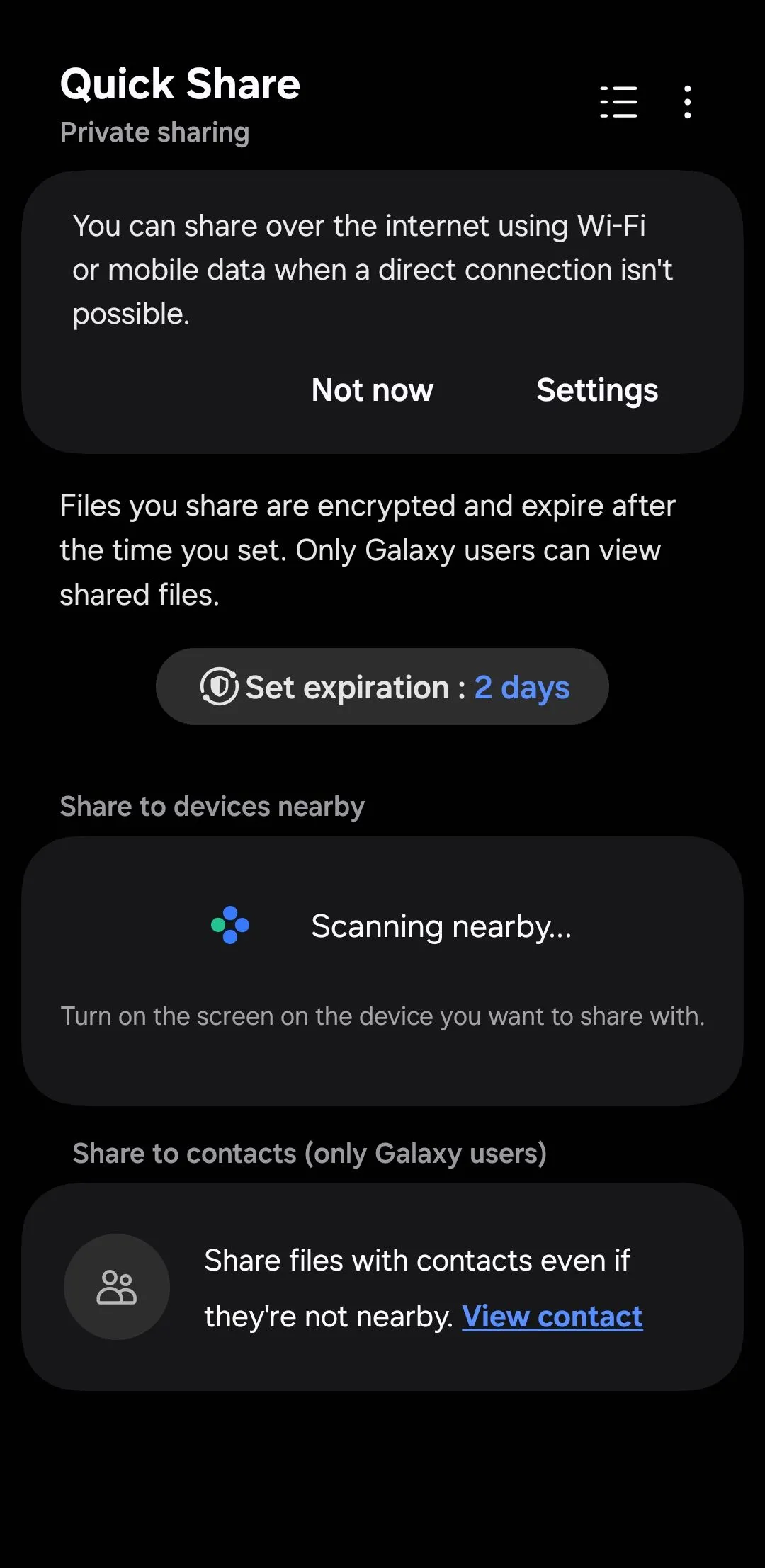 Menu chia sẻ riêng tư (Private Share) trên điện thoại Samsung, tùy chọn bật chia sẻ an toàn cho tệp.